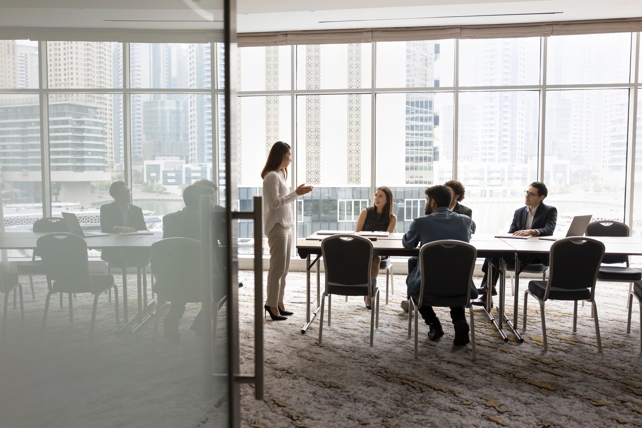 Professional team collaborating in a project meeting